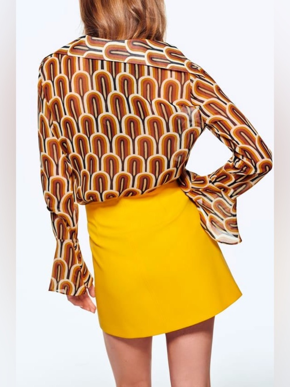 Zara Retro Geometric Print Chiffon Blouse XS Boho Trumpet Sleeve Sheer Top